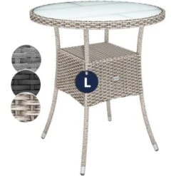 Casaria Poly Rattan Garden Side Table Patio Balcony Ø60cm Round Frosted Glass Outdoor Furniture Grey Beige