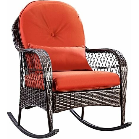 COSTWAY Rattan Armchair Wicker Rocking Sofa Relaxing Lounge Chair Metal Frame With Lumbar Pillow & Cushion, Garden Patio Porch Lawn Deck Backyard Furniture