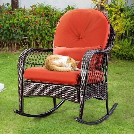 COSTWAY Rattan Armchair Wicker Rocking Sofa Relaxing Lounge Chair Metal Frame With Lumbar Pillow & Cushion, Garden Patio Porch Lawn Deck Backyard Furniture - Image 4