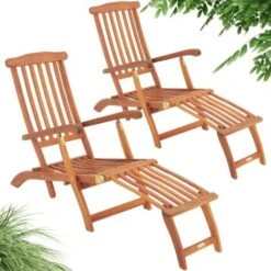 2x Deuba Wooden Deck Chair Patio Garden Outdoor Recliner Sun Lounger Hard Wood Reclining Day Bed