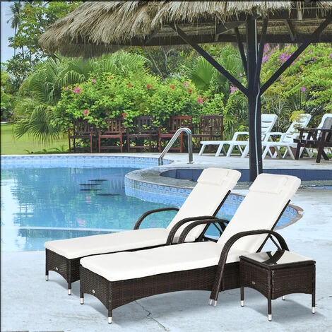 Outsunny 3 PCS Rattan Lounger Recliner Bed Garden Furniture Set W/ Side Table - Image 3