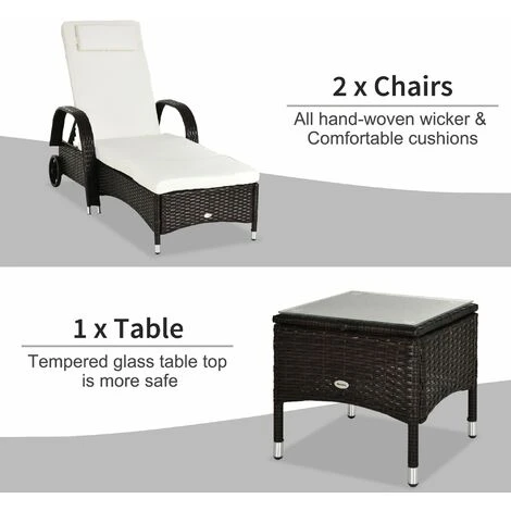 Outsunny 3 PCS Rattan Lounger Recliner Bed Garden Furniture Set W/ Side Table - Image 4