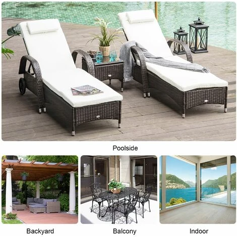 Outsunny 3 PCS Rattan Lounger Recliner Bed Garden Furniture Set W/ Side Table - Image 5