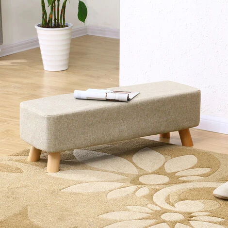 Livingandhome 81CM Linen Ottoman Footstool Wooden Legs, Beige - Image 2