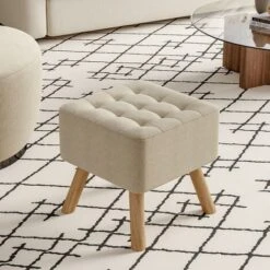 Livingandhome Square Modern Linen Upholstered Footstool Wooden Legs, Beige