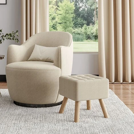 Livingandhome Square Modern Linen Upholstered Footstool Wooden Legs, Beige - Image 2