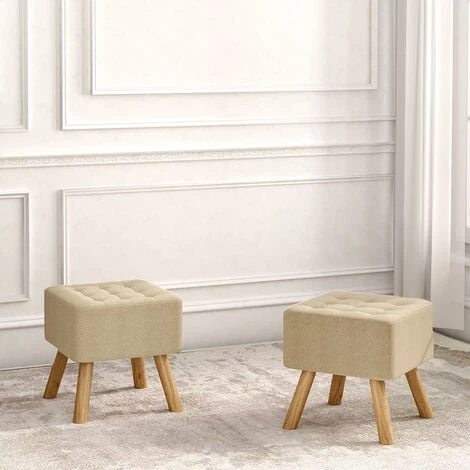 Livingandhome Square Modern Linen Upholstered Footstool Wooden Legs, Beige - Image 3