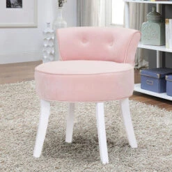 Livingandhome Velvet Vanity Stool Soft Seat Low Back With White Wooden Legs, Pink