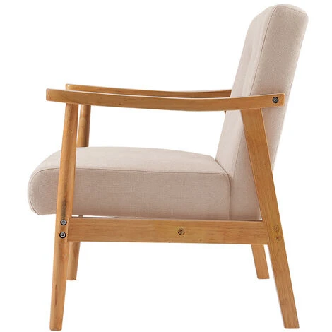 Livingandhome Accent Linen Fabric Buttoned Armchair Wooden Frame, Beige - Image 4