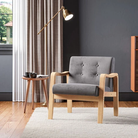 Livingandhome Modern Linen Fabric Buttoned Armchair Soild Wooden Frame, Grey - Image 3