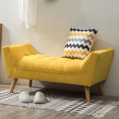 Livingandhome Chenille Footstool Window Seat Sofa Soil Wood Legs, Yellow