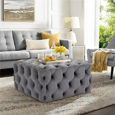 Livingandhome 70CM Square Velvet Buttoned Footstool, Grey - Image 2