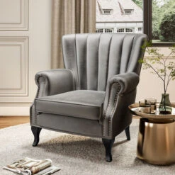 Livingandhome Velvet Pleated Wingback Armchair, Grey