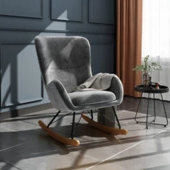 Livingandhome Linen Rocking Chair Armchair With Pocket, Dark Grey