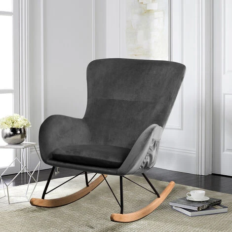 Livingandhome Linen Rocking Chair Armchair With Pocket, Dark Grey - Image 2