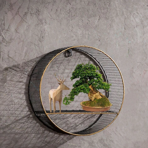 Livingandhome Retro Metal Wall Shelf Round Storage Display Rack, Net Grid