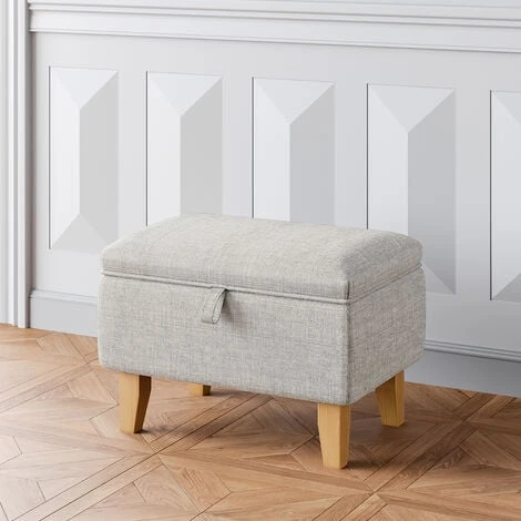 Livingandhome 49CM Linen Storage Organizer Ottoman Footstool, Light Grey - Image 2