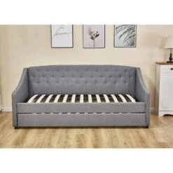 KOSY KOALA Linen Fabric Grey Daybed Sofabed With Underbed Trundle Living Room Bedroom Furniture Guest Day Bed Sofabed