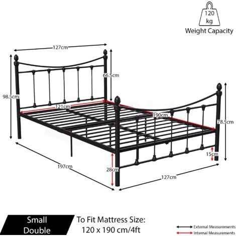 Paris Double Metal Bed Frame, Black, 4ft Small, 190 X 120 Cm - Image 2