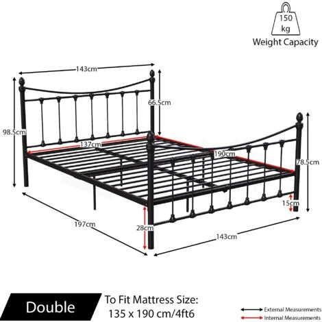 Paris Metal Bed Frame, Black, 4ft6 Double, 190 X 135 Cm - Image 2