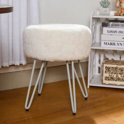 Livingandhome 35CM Round Fluffy Velvet Dressing Table Stool Wire Legs, White