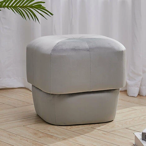 Livingandhome Square Velvet Buttoned Thick Padded Footstool,Light Grey - Image 2