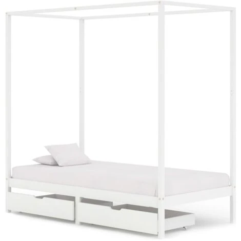 Canopy Bed Frame With 2 Drawers White Solid Pine Wood 100x200cm VidaXL