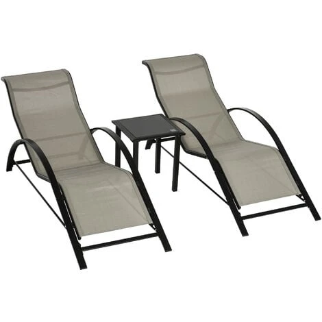 Outsunny 3 Pieces Lounge Chair Set Garden Sunbathing Chair W/ Table Grey