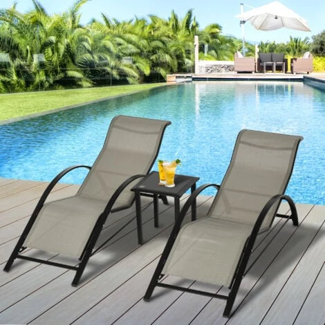 Outsunny 3 Pieces Lounge Chair Set Garden Sunbathing Chair W/ Table Grey - Image 3