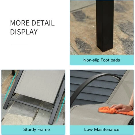 Outsunny 3 Pieces Lounge Chair Set Garden Sunbathing Chair W/ Table Grey - Image 5