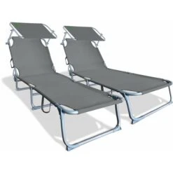 VOUNOT Set Of 2 Reclining Sun Loungers, Foldable Sun Chair With Adjustable Backrest & Sunshade, Load 110 Kg, Grey
