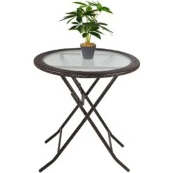 Outsunny Folding Round Tempered Glass Metal Table With Brown Rattan Edging