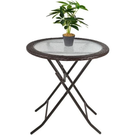 Outsunny Folding Round Tempered Glass Metal Table With Brown Rattan Edging