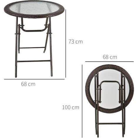 Outsunny Folding Round Tempered Glass Metal Table With Brown Rattan Edging - Image 2
