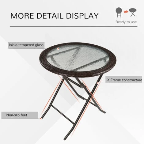 Outsunny Folding Round Tempered Glass Metal Table With Brown Rattan Edging - Image 5