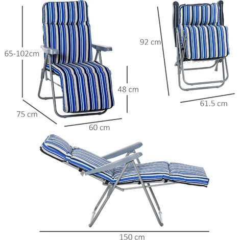 Outsunny Set Of 2 Adjustable Sun Lounger Recliner Reclining Seat Blue & White - Image 2
