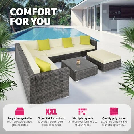 Rattan Garden Set Marbella 7 Seats, 1 Table - Garden Sofa, Garden Corner Sofa, Rattan Sofa - Grey - Image 4