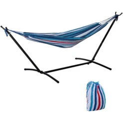 Outsunny 294 X 117cm Hammock With Metal Stand Carrying Bag 120kg White Stripe