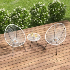 Livingandhome Set Of 3 Outdoor Egg Designer Patio Furniture Set Table And 2 Chairs, White
