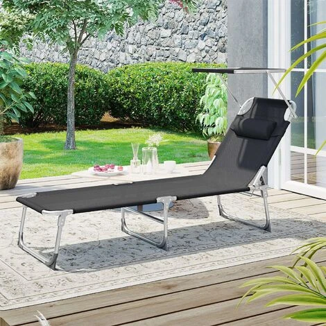 Songmics Sun Lounger, Sunbed, Reclining Sun Chair, With Headrest, Adjustable Backrest, Sunshade, Lightweight, Foldable, 53 X 193 X 29.5 Cm, Load Capacity 150 Kg, For Garden, Black GCB192B01 - Image 2