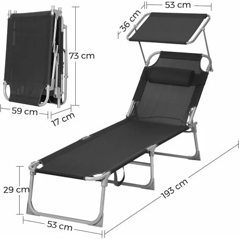 Songmics Sun Lounger, Sunbed, Reclining Sun Chair, With Headrest, Adjustable Backrest, Sunshade, Lightweight, Foldable, 53 X 193 X 29.5 Cm, Load Capacity 150 Kg, For Garden, Black GCB192B01 - Image 5