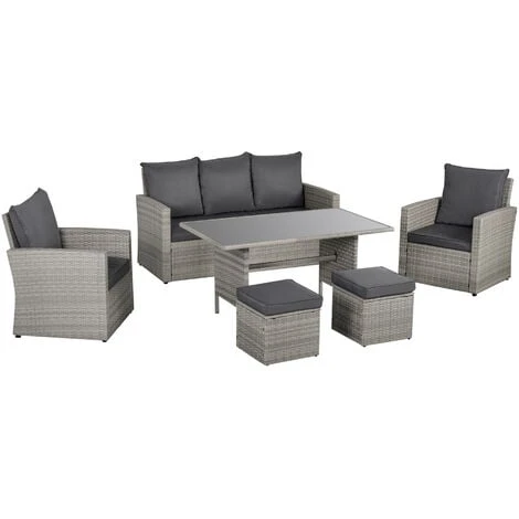 Outsunny 6 PCS Patio PE Rattan Sofa Furniture Set Dining Table Grey