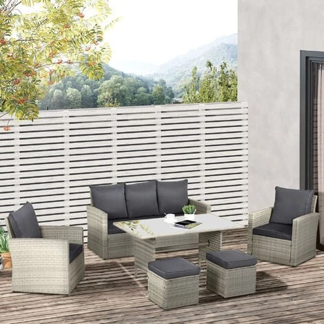 Outsunny 6 PCS Patio PE Rattan Sofa Furniture Set Dining Table Grey - Image 3