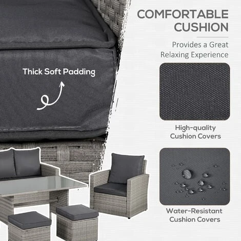 Outsunny 6 PCS Patio PE Rattan Sofa Furniture Set Dining Table Grey - Image 5