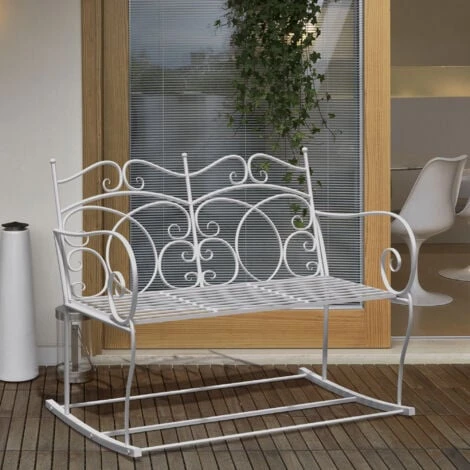 Outsunny 2 Seater Metal Garden Bench Outdoor Rocking Chair Patio White Love Seat - Image 3