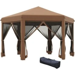 Outsunny 3.2m Pop Up Gazebo Hexagonal Canopy Tent Outdoor W/Sidewalls Brown