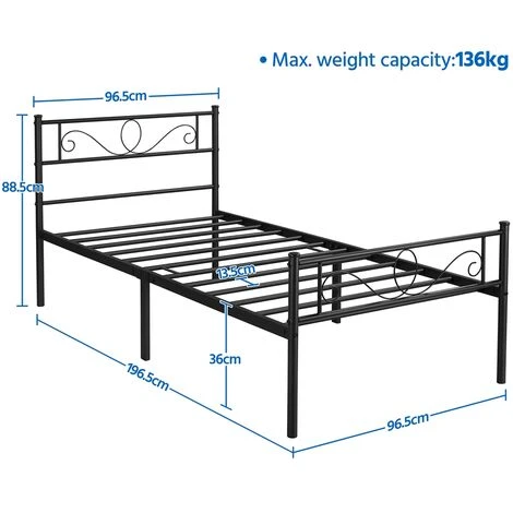 Yaheetech 3ft Single Iron Platform Bed With Scroll Design Headboard And Footboard, Black - Image 4