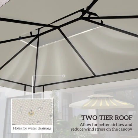 Outsunny 3x4m Gazebo Replacement Roof Canopy 2 Tier Top UV Cover Patio Cream - Image 4