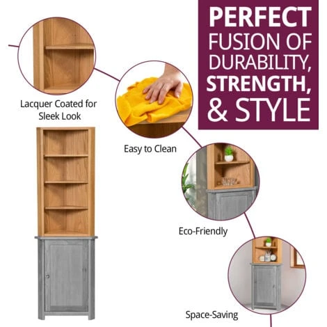 Hallowood Furniture Waverly Oak Corner Storage Cabinet Top In Light Oak Finish – Wooden Corner Display Cupboard With 3 Adjustable Shelves For Bedroom & Hallway– Display Unit For Kitchen & Living Room - Image 2