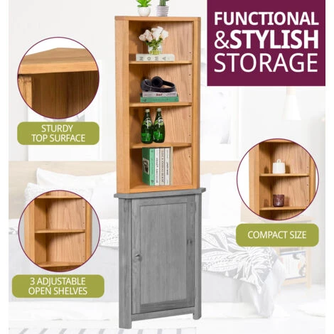 Hallowood Furniture Waverly Oak Corner Storage Cabinet Top In Light Oak Finish – Wooden Corner Display Cupboard With 3 Adjustable Shelves For Bedroom & Hallway– Display Unit For Kitchen & Living Room - Image 5